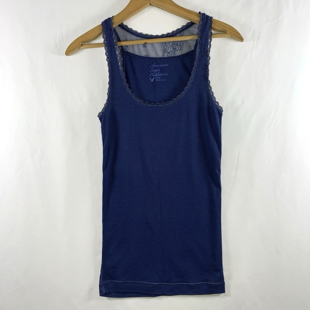 AEO Womens Y2K Ribbed Knit Lace Trim Long Tank Top Size M Navy Sheer Lace Back
